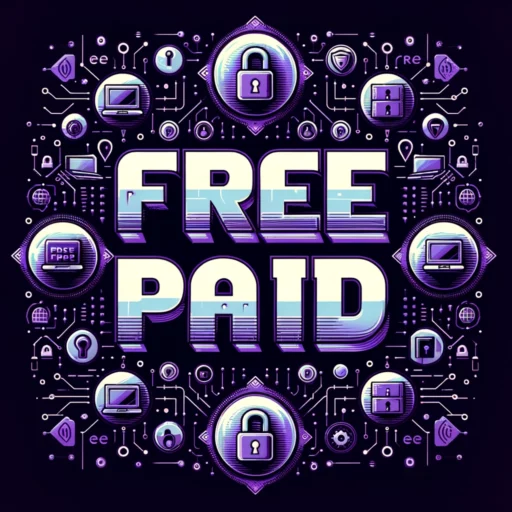 Image depicting the contrast between Free and Paid VPNs. Featuring the words 'Free' and 'Paid' in bold, contrasting styles on a dark violet background, accompanied by digital security symbols like locks and network patterns. This visual represents the key themes of the 2023 comprehensive comparison of free versus paid VPN services on a WordPress blog